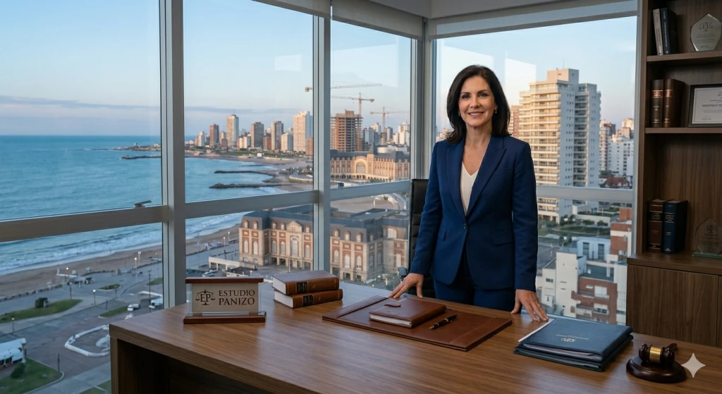 Dra. Fernanda Panizo en las oficinas del Estudio Jurídico Panizo en Mar del Plata, ofreciendo respaldo corporativo y soluciones legales de alta gama.