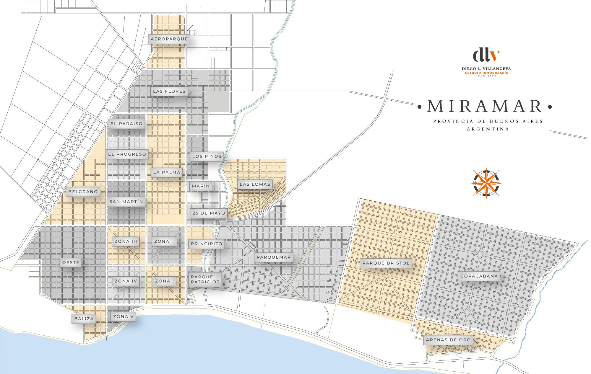 Mapa de zonas de Miramar, Buenos Aires, Argentina