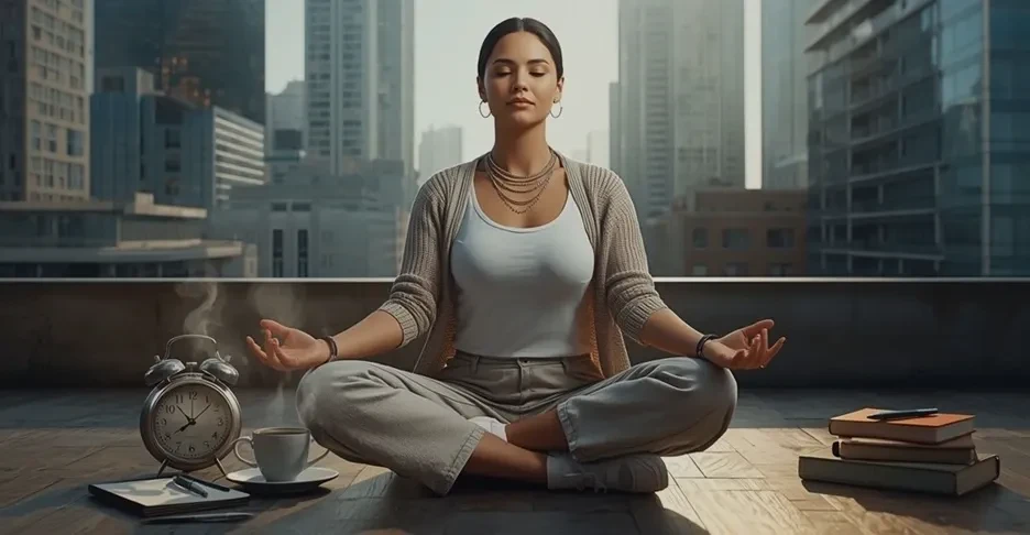 Mujer meditando con los ojos cerrados en una terraza frente a edificios de la ciudad