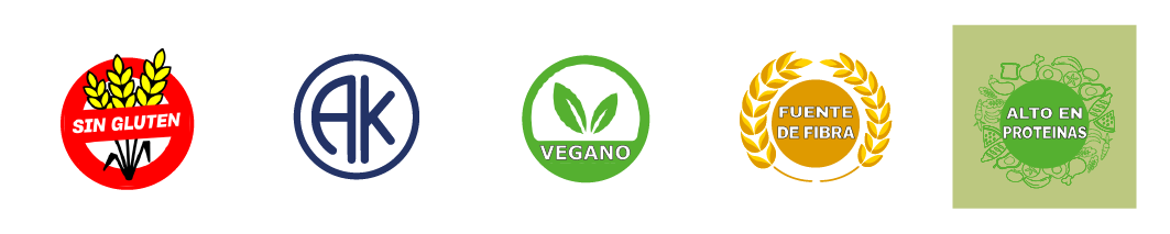 Apto Kosher, Gluten Free, Vegano, Fuente de fibra, Alto en proteínas
