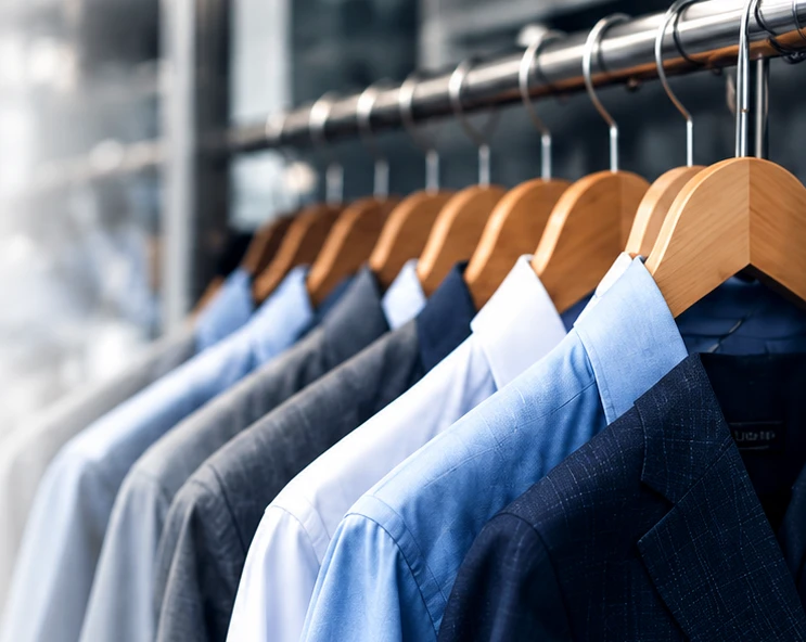 Prendas profesionales organizadas en perchas