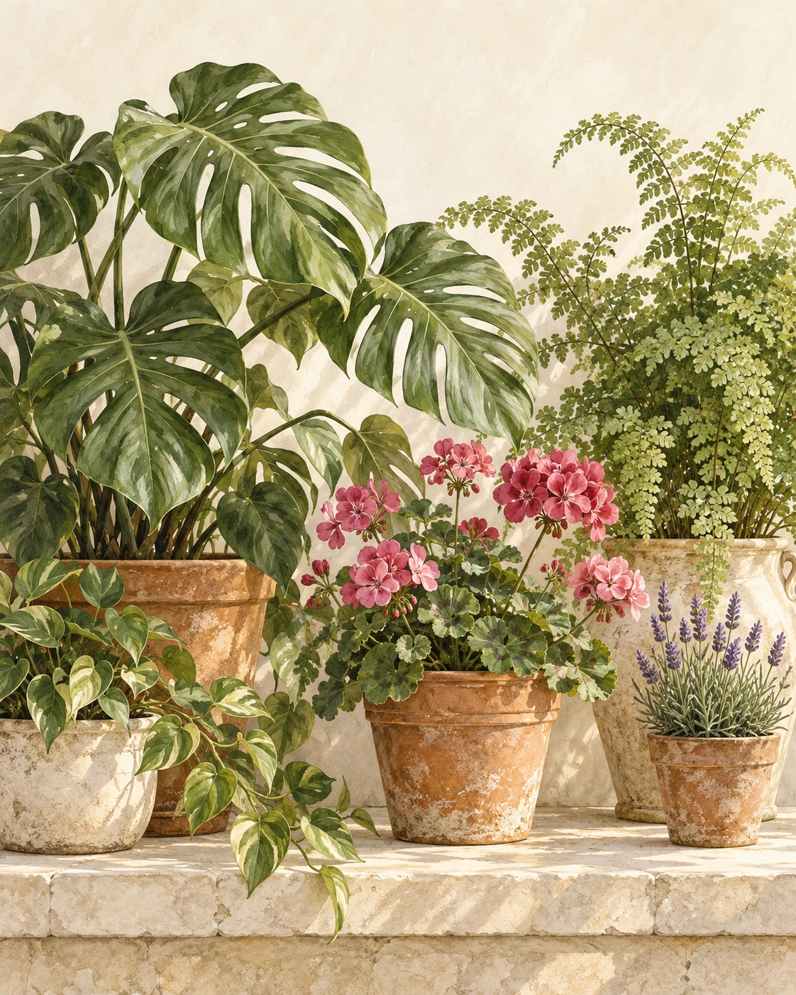 Ilustración botánica de plantas y flores en macetas de terracota