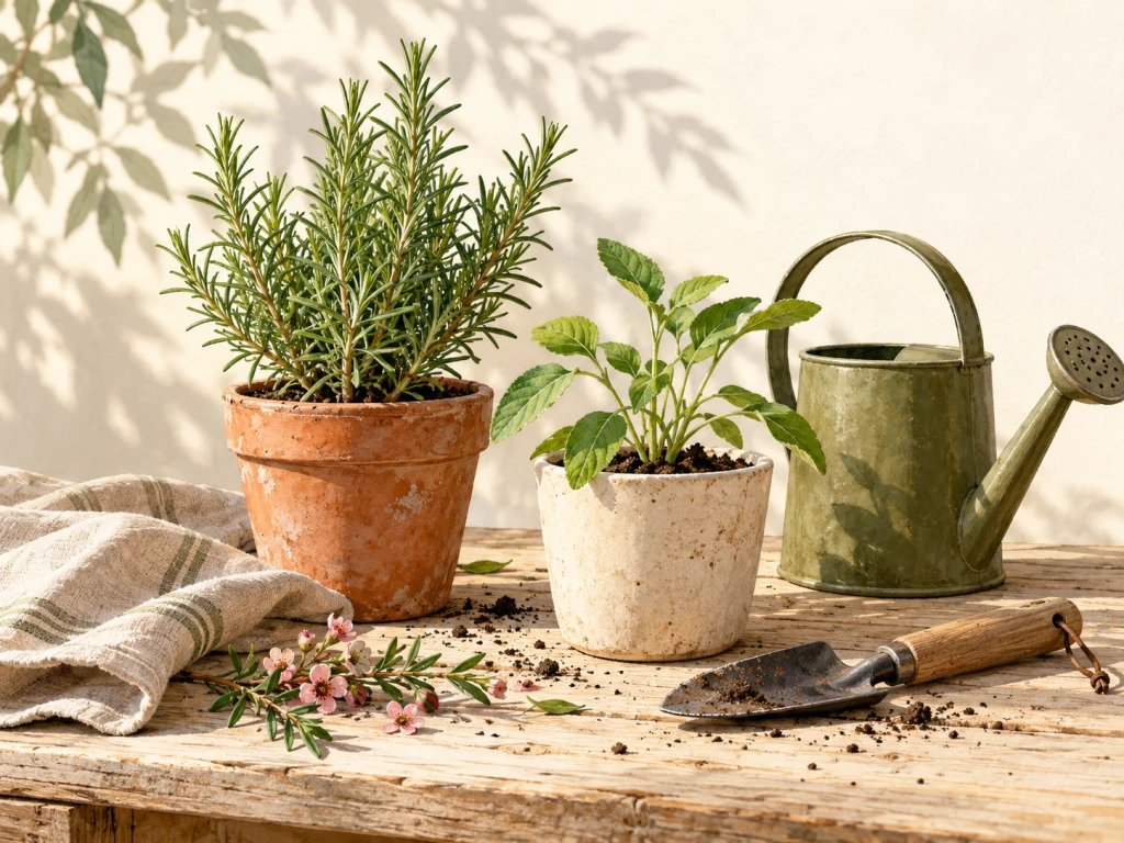 Ilustración de una mesa de jardinería con plantas, una regadera y una pala