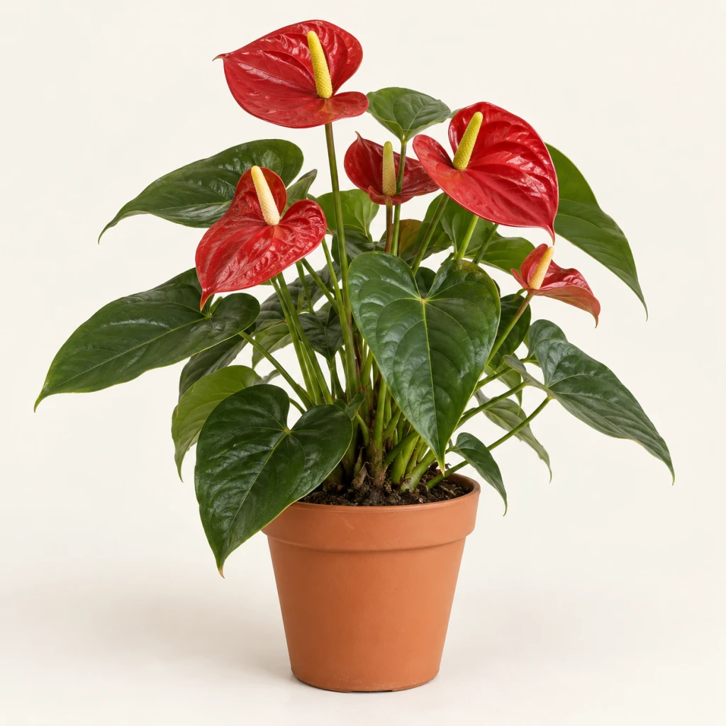 Anthurium con flores vistosas y hojas brillantes