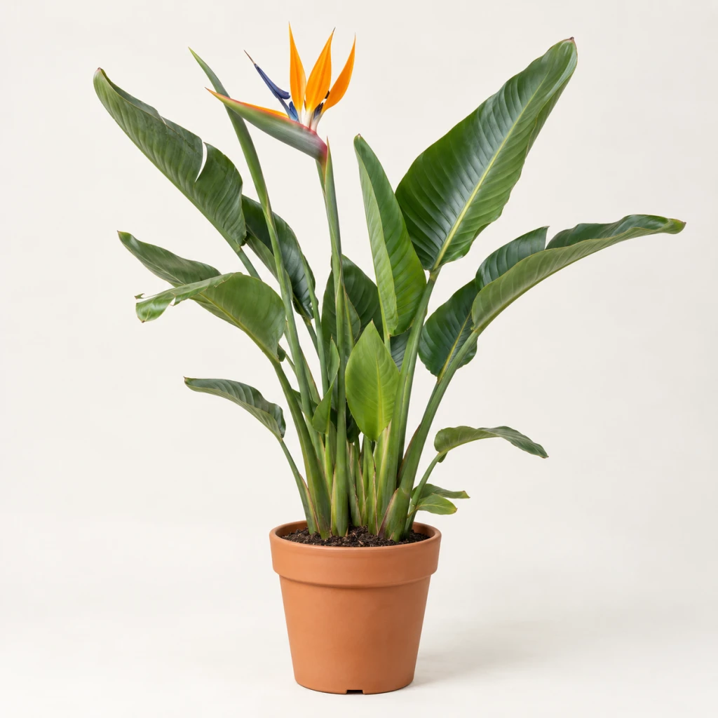 Strelitzia reginae con flores anaranjadas y azules