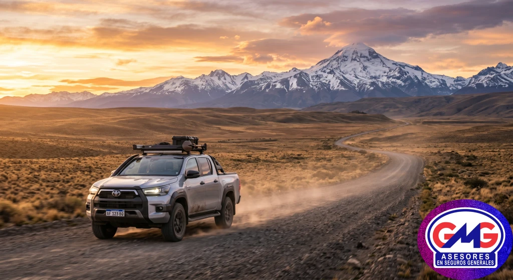 Camioneta 4x4 robusta transitando por camino de ripio en las rutas del interior patag&oacute;nico con monta&ntilde;as al fondo bajo el asesoramiento de GMG Asesores en Zapala.