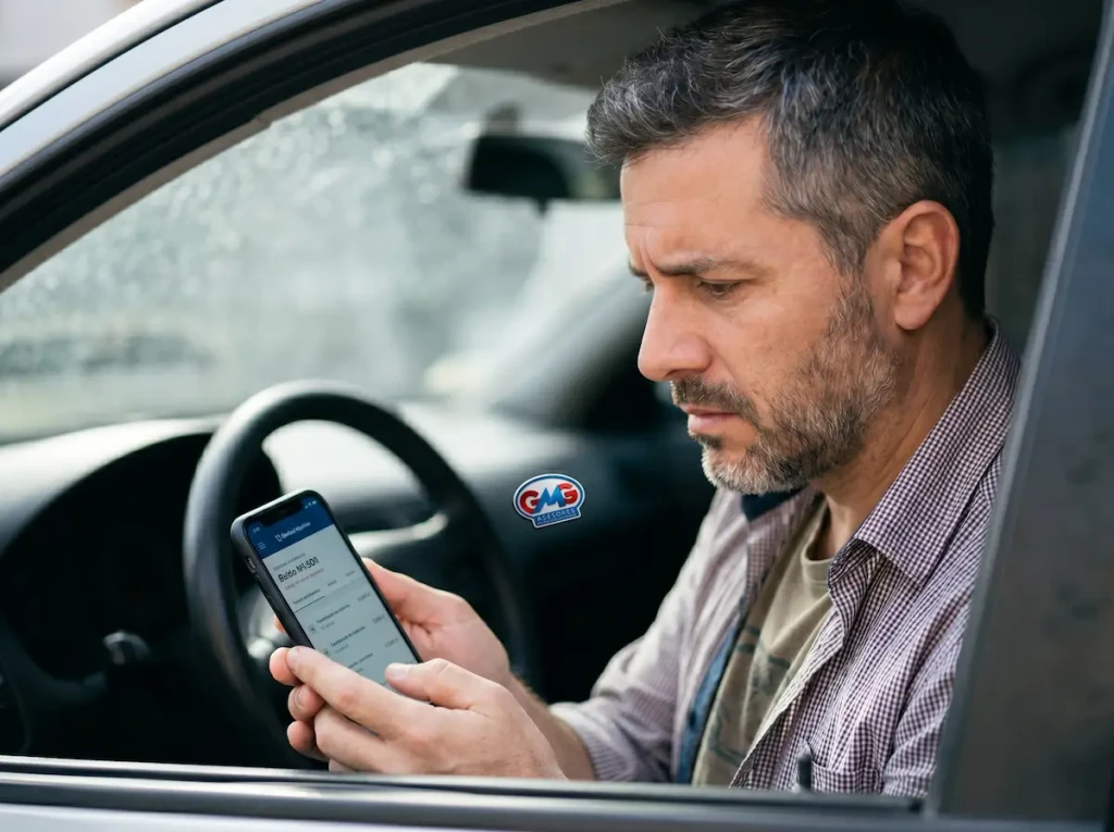Hombre al volante mirando su celular con preocupaci&oacute;n por un imprevisto. Que un siniestro no arruine tus finanzas; en GMG Asesores te brindamos el respaldo y la p&oacute;liza ideal para que manejes tranquilo por Zapala y todo el pa&iacute;s.
