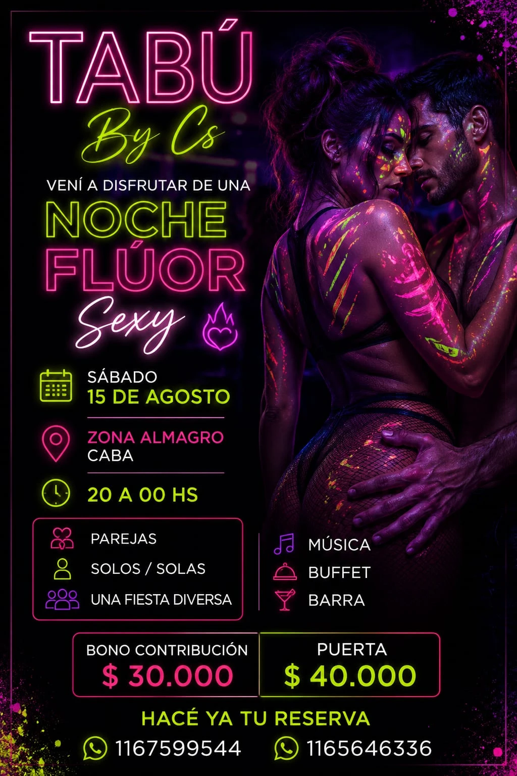Tabú By Cs es un evento diverso , para parejas ,solos,solas ,gays , lesbianas y trans para que la gente se conozca,interactúen se diviertan y relajen , desde que entran al evento van a recibir una guía ,para mostrarles el lugar y explicarles las reglas , hay varias actividades para realizar dentro de las 4 hrs que dura dicho evento, hay barra y gastronomía accesible,pileta climatizada, sorteos y regalitos , copa de bienvenida, te esperamos que no te lo cuenten, vení a vivirlo. Para mayores de 21 años y no hay límite de edad para que vayas.