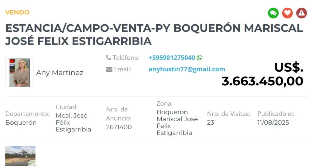 Aviso comercial de campo en Boquerón, Mariscal José Félix Estigarribia, Paraguay