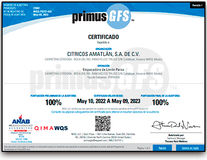 Certificación de Buenas Prácticas Agrícolas y de Manufactura PrimusGFS reconocida internacionalmente por la GFSI