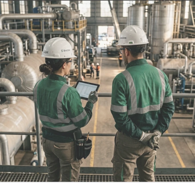 Consultor de seguridad e higiene realizando mediciones en planta industrial