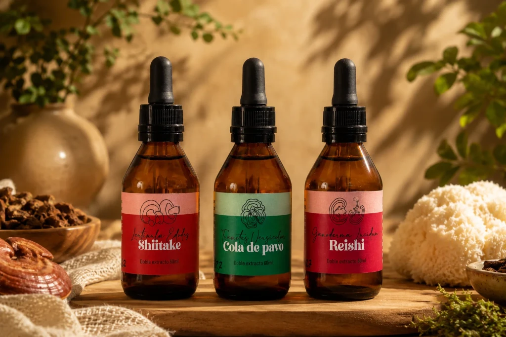 Extractos de Reishi, Shiitake y Cola de Pavo en entorno natural cálido, combinación de adaptógenos para defensas y sistema inmunitario.