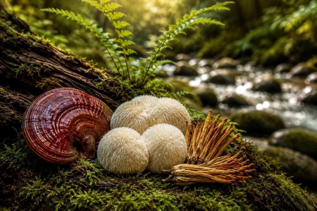 Hongos Reishi, Melena de León y Cordyceps sobre musgo en un bosque patagónico con arroyo y helechos al fondo.
