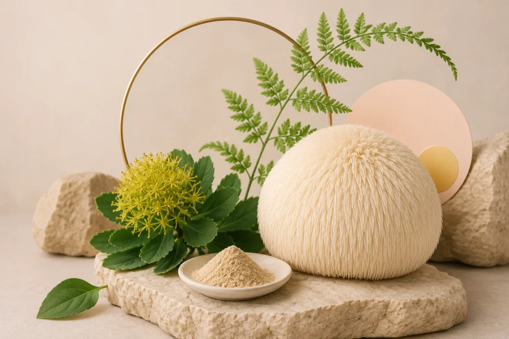 Melena de León y Rhodiola en composición natural para enfoque, memoria y claridad mental