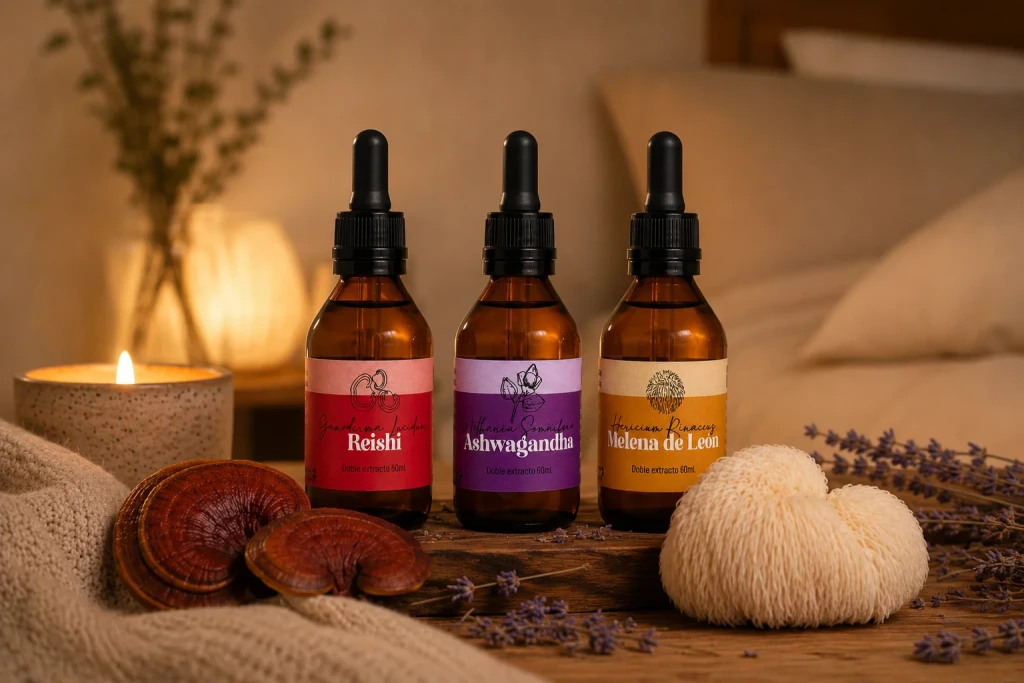 Extractos de Reishi, Ashwagandha y Melena de León sobre fondo blanco — Combo Dormir Mejor Fungiteca