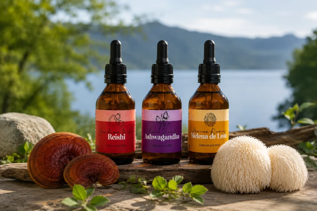 Combo de extractos adaptógenos Fungiteca con Reishi, Melena de León y Ashwagandha fotografiados en la naturaleza.