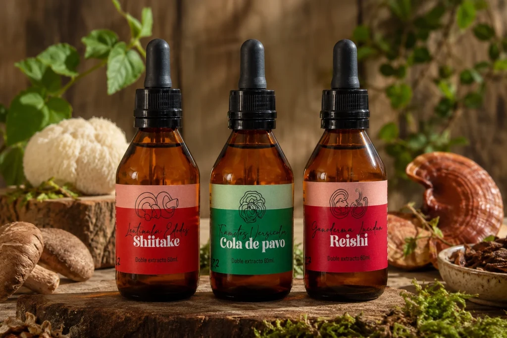 Extractos de Shiitake, Cola de Pavo y Reishi sobre madera con hongos naturales, musgo y helechos