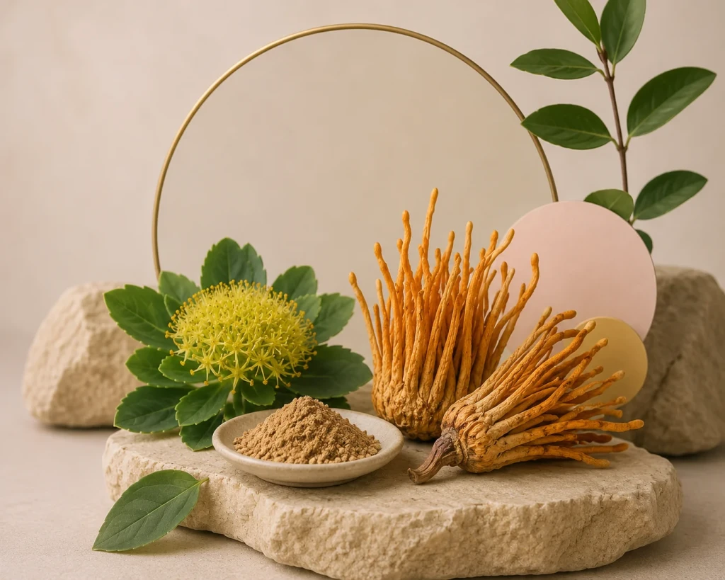 Cordyceps militaris fresco y polvo de adaptógenos sobre piedra natural con Rhodiola y hojas verdes