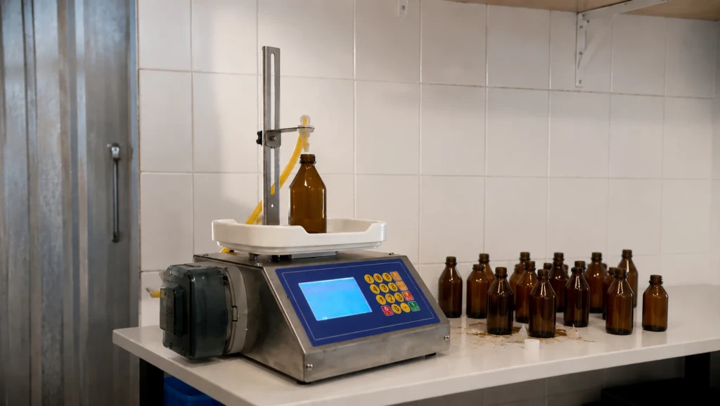 Máquina de envasado por peso con control digital en laboratorio Fungiteca — parámetros controlados para cada lote de extractos