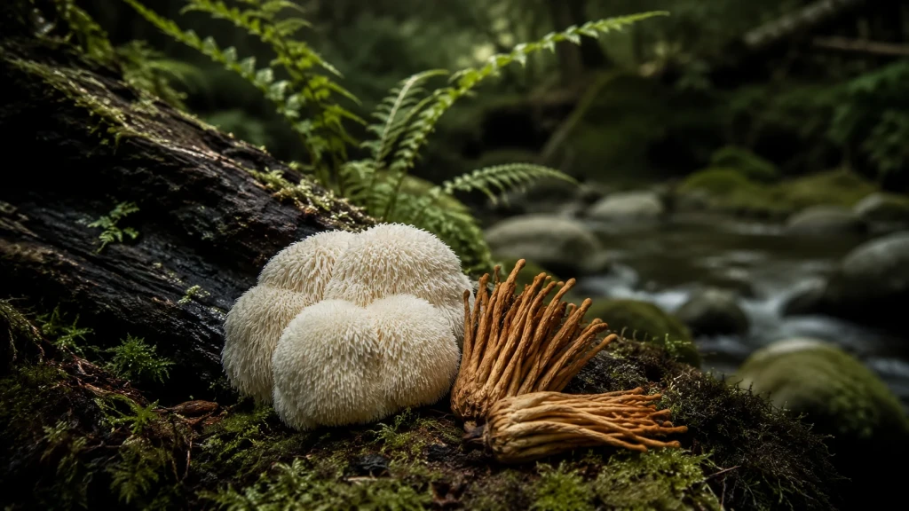 Melena de León y Cordyceps frescos sobre tronco con musgo en bosque patagónico, junto a arroyo