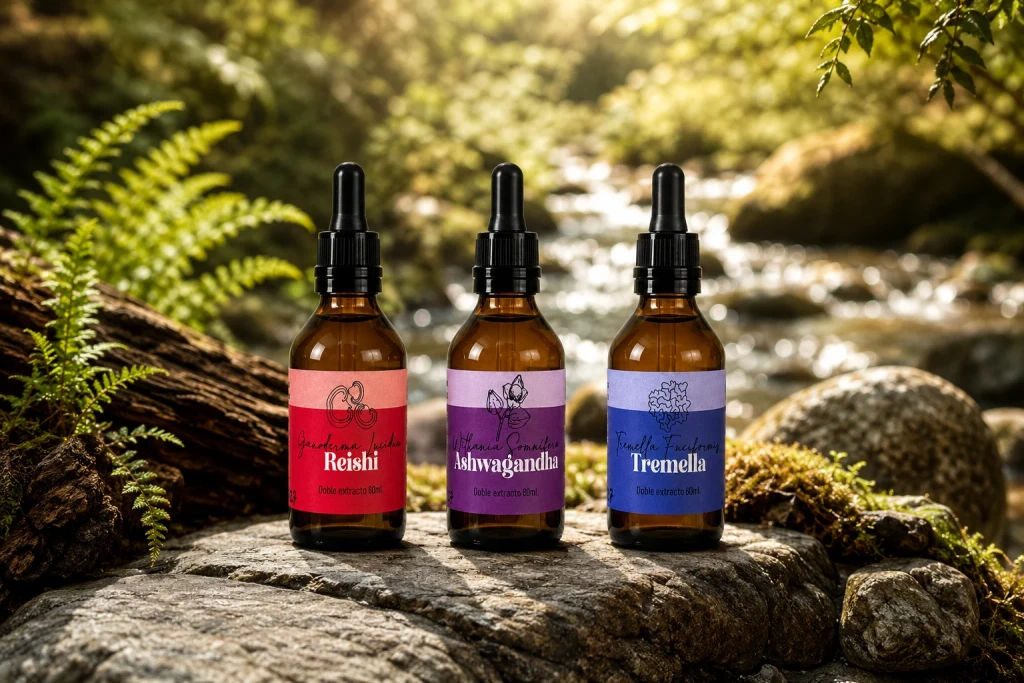 Extractos de Reishi, Ashwagandha y Tremella sobre piedras en un entorno natural de bosque patagónico con musgo, helechos y arroyo al fondo.