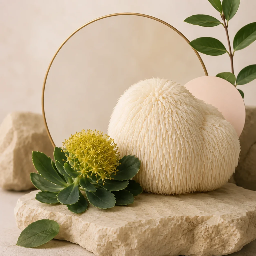 Melena de León y Rhodiola en una composición natural sobre piedra, con hojas verdes y tonos suaves, representando adaptógenos para el enfoque, la memoria y la claridad mental.