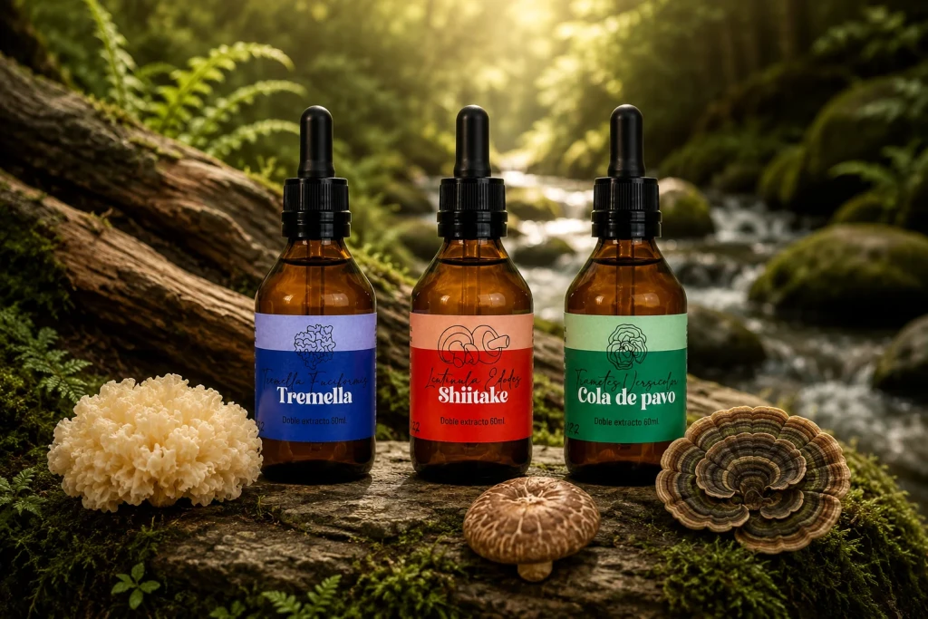 Extractos de Tremella, Shiitake y Cola de Pavo junto a hongos funcionales en un bosque patagónico con musgo, helechos y arroyo.