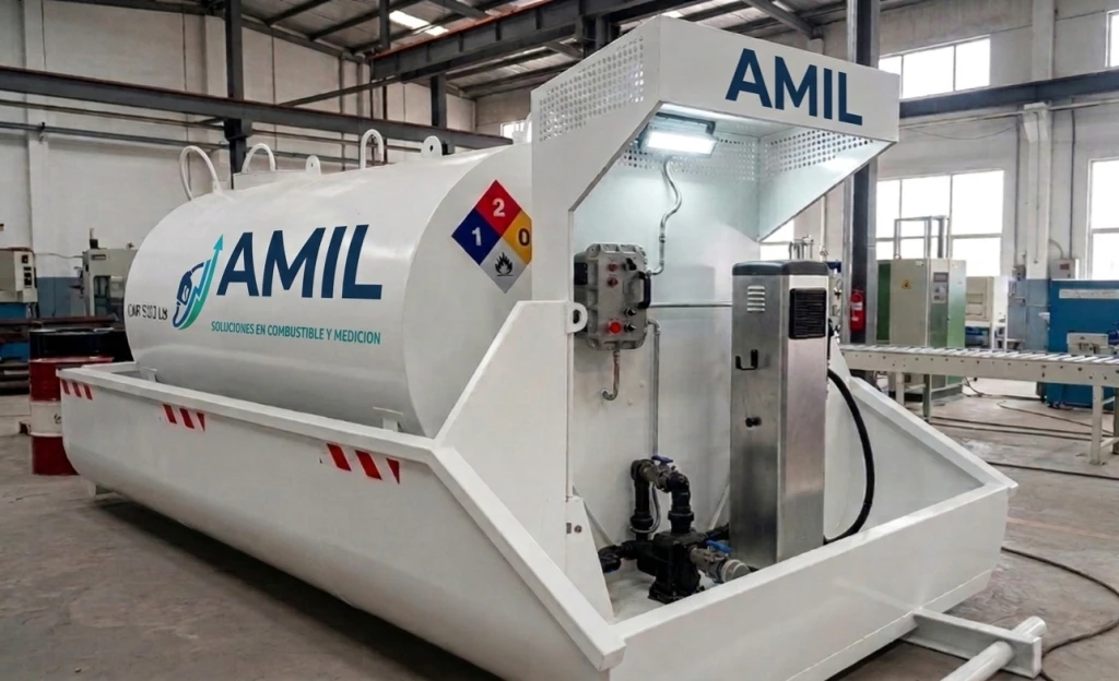 Tanque de combustible AMIL SRL 10.000 litros instalado en planta industrial en Argentina — sistema PIUSI Self Service 90 con telemetría Veeder-Root y tablero APE para control de flota