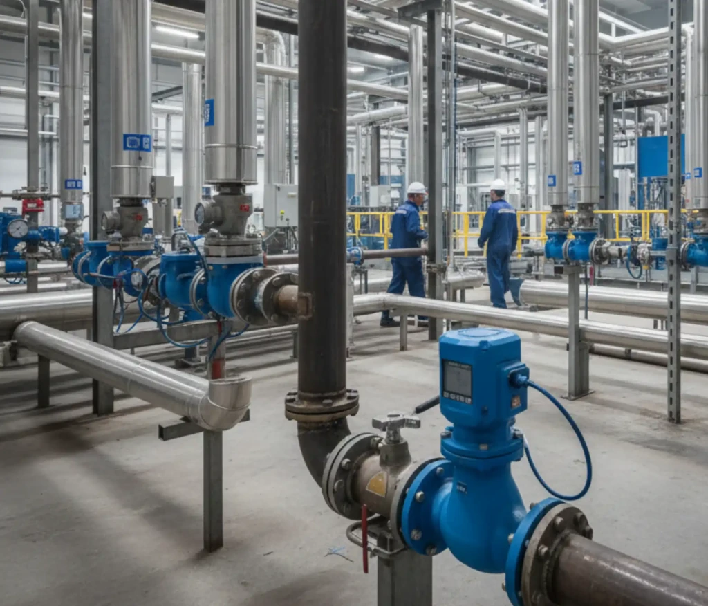 Sistema de control de fluidos industriales AMIL con caudalímetros electromagnéticos, sensores de nivel y válvulas automatizadas instalado en planta química para medición precisa de líquidos corrosivos, integrado con PLC y SCADA en Argentina