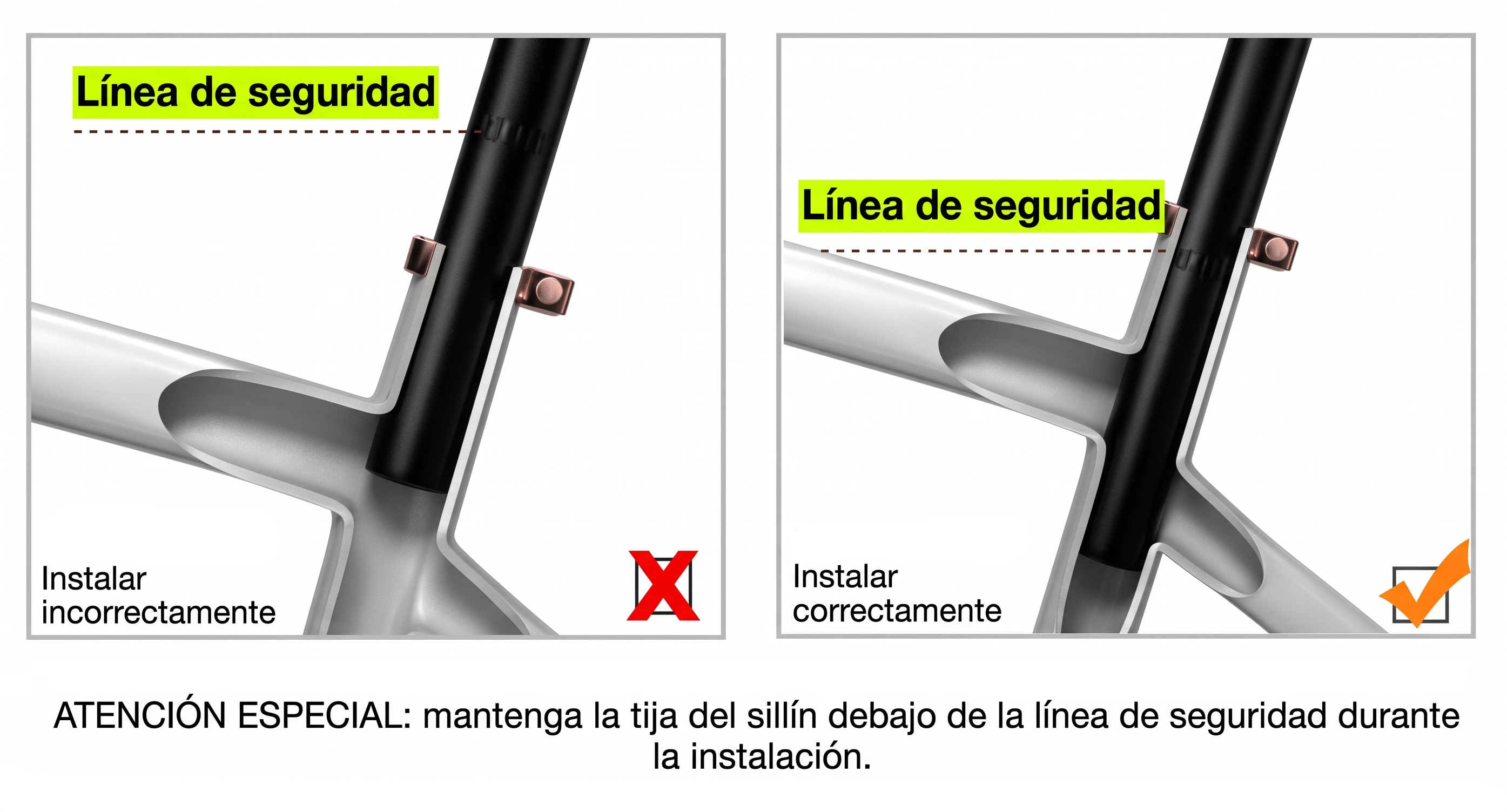 Ejemplos de daños en el cuadro por usar el portasillín por encima de la línea de inserción mínima