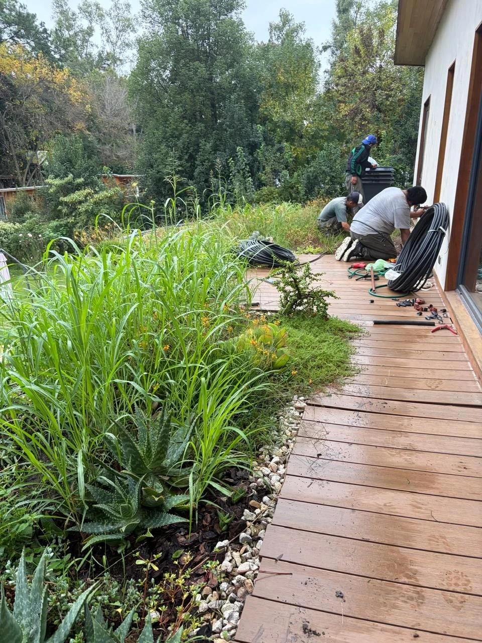 Instalación de riego por goteo en un jardín con deck