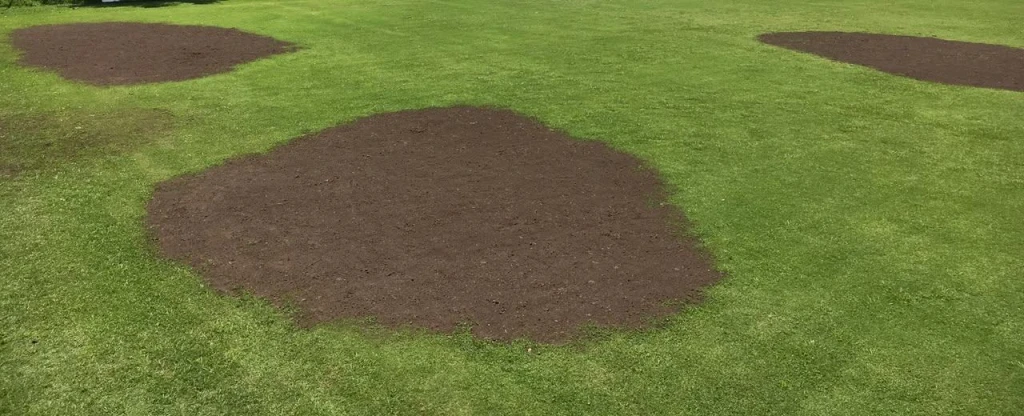 Manchones recuperados con tierra negra en el campo de deportes del Instituto Inmaculada, Castelar