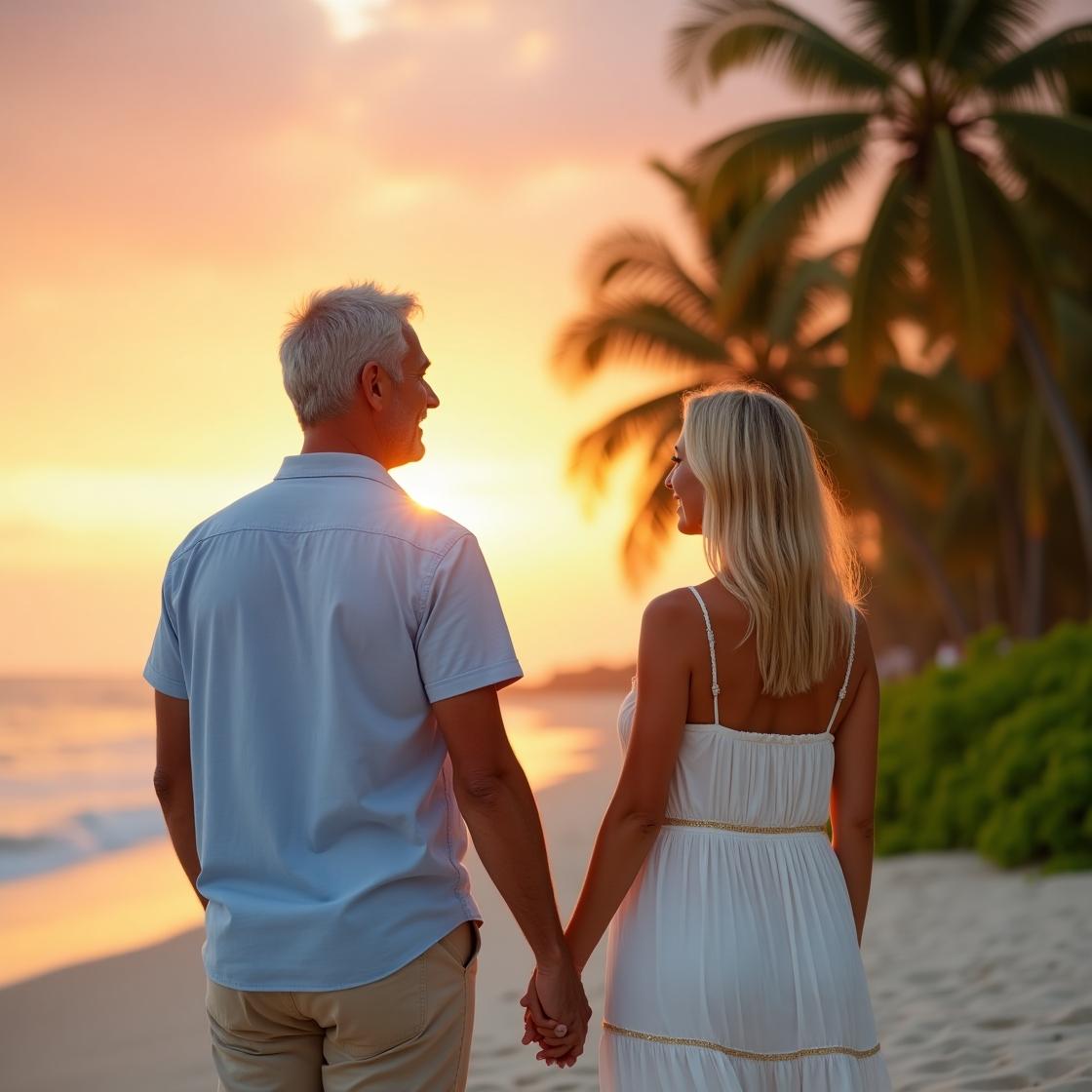 una pareja caminando felizmente por la playa en el atardecer