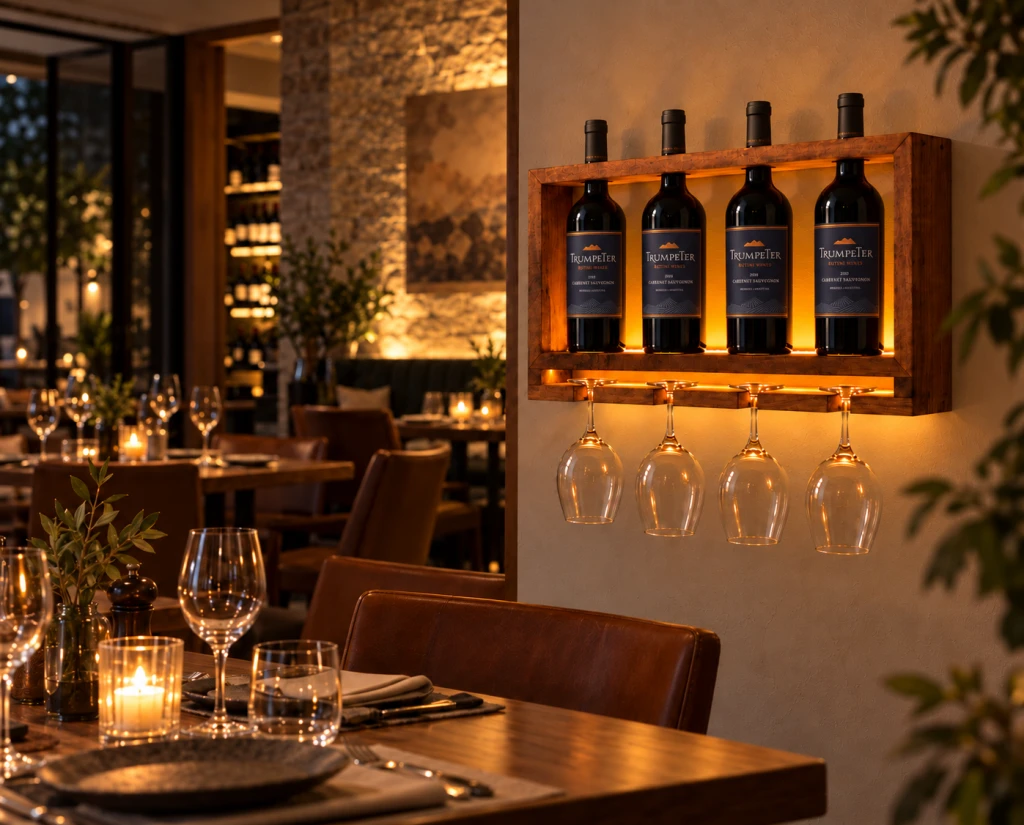 Vinoteca de madera con cuatro botellas y copas iluminadas por luz cálida.