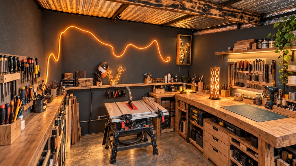 Taller de carpintería con herramientas y lámparas artesanales de madera bajo luz cálida.