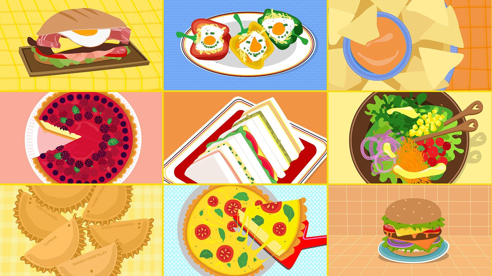 Chivito, morrones a la parrilla, nachos con cheddar, cheesecake, sandwiches, ensalada, empanadas, pizza, hamburguesa