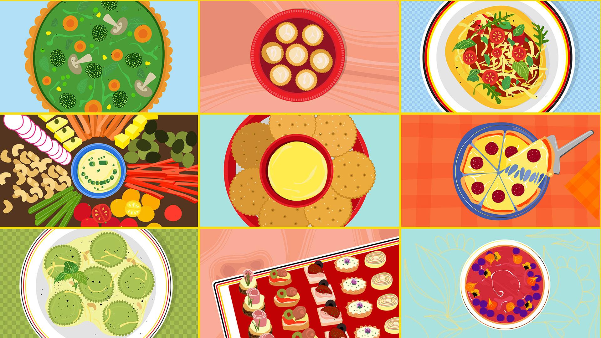 Tartas, polenta con queso, picada, galletitas con queso, pizza con muzarella, ravioles con muzarella, canapes, cheesecake