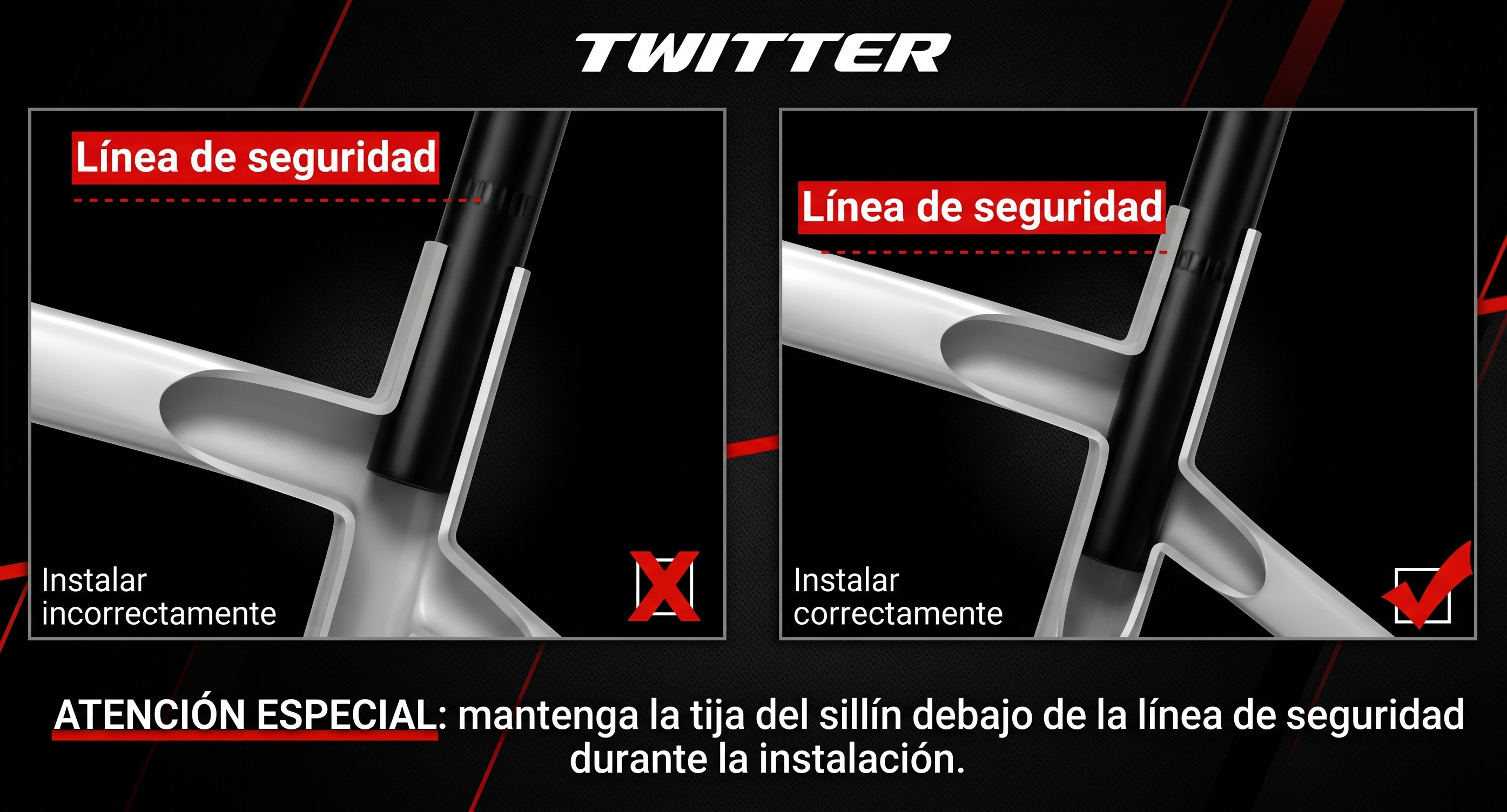 A la izquierda, tija instalada por encima de la línea de seguridad (incorrecto). A la derecha, tija instalada por debajo de la línea de seguridad (correcto).