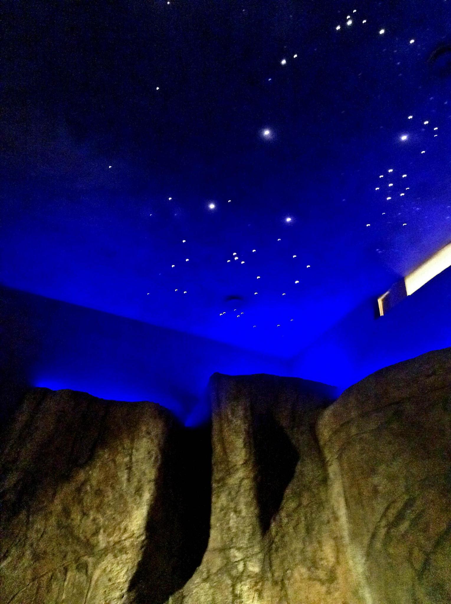 Realización de la representación del cañadón del Río, pinturas con roca artificial, ambientación, luminaria de led y fibra óptica sobre mural del cielo patagónico y aborígenes (realizado por Juan Danna).
