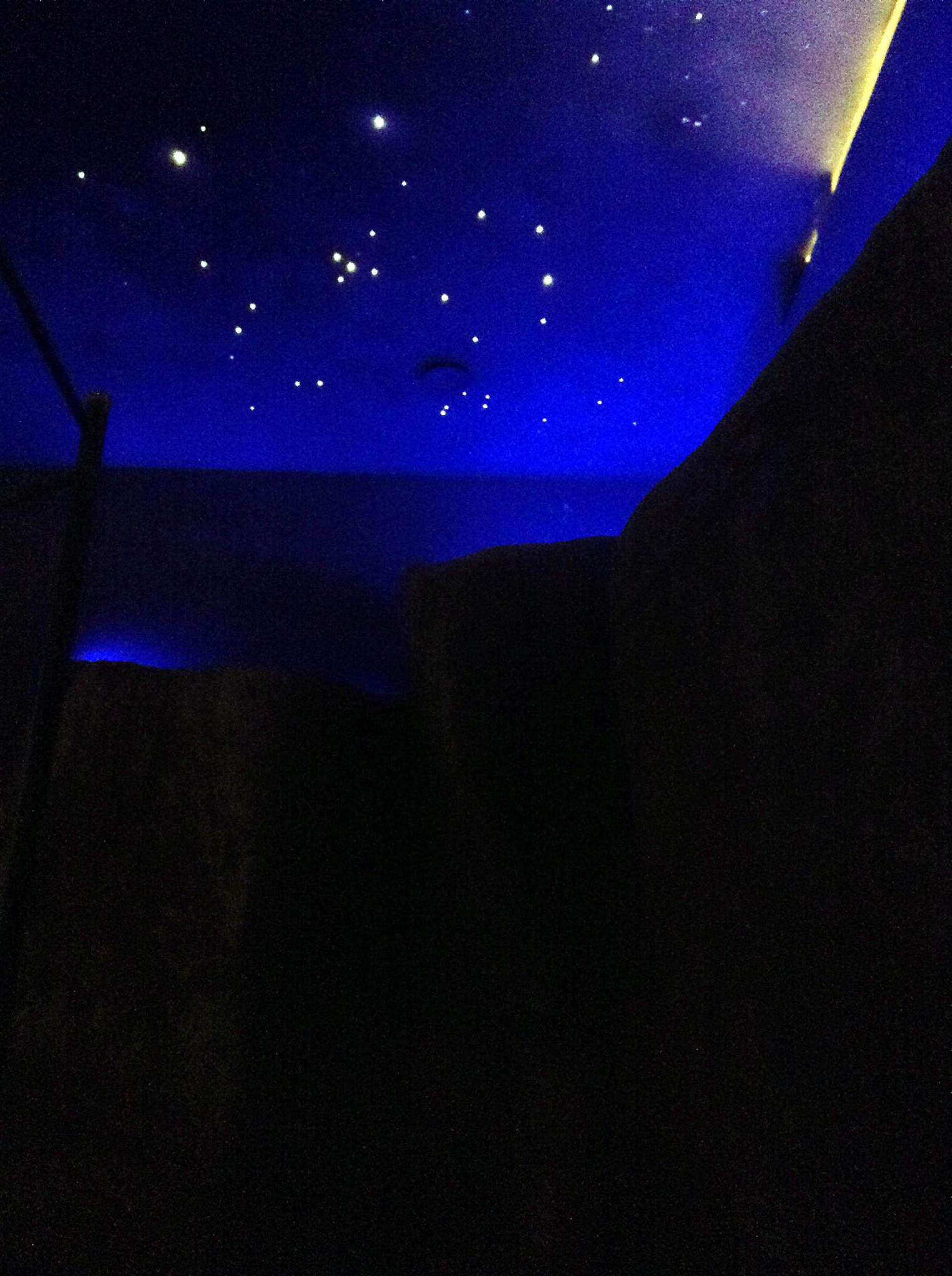Realización de la representación del cañadón del Río, pinturas con roca artificial, ambientación, luminaria de led y fibra óptica sobre mural del cielo patagónico y aborígenes (realizado por Juan Danna).
