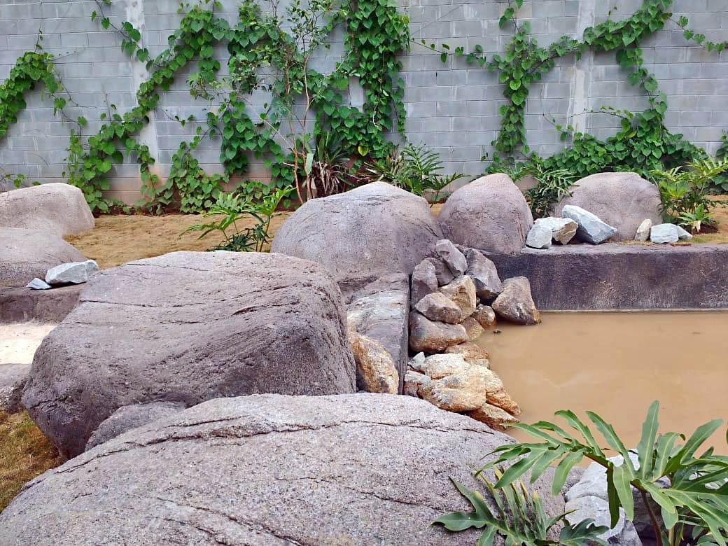 Rocas artificiales, borde y cascada