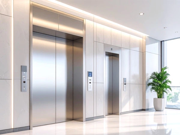 ascensores modernos en edificio residencial con cabinas de acero inoxidable