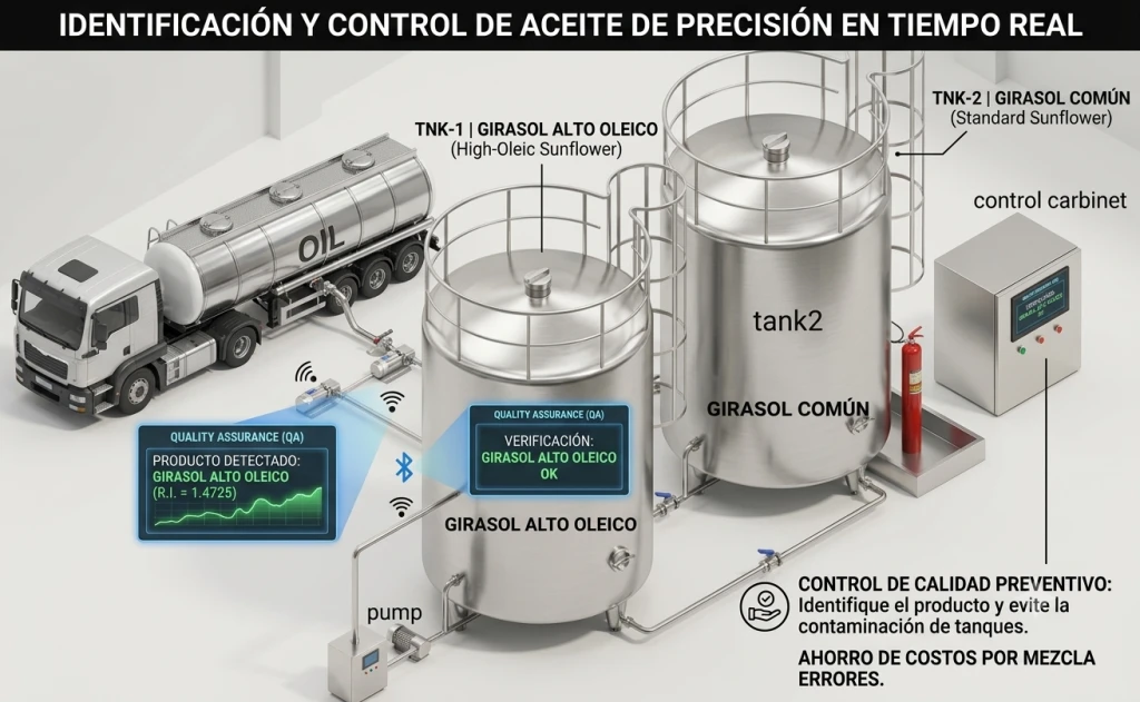 Camión cisterna realizando la descarga de aceite vegetal en tanques industriales.