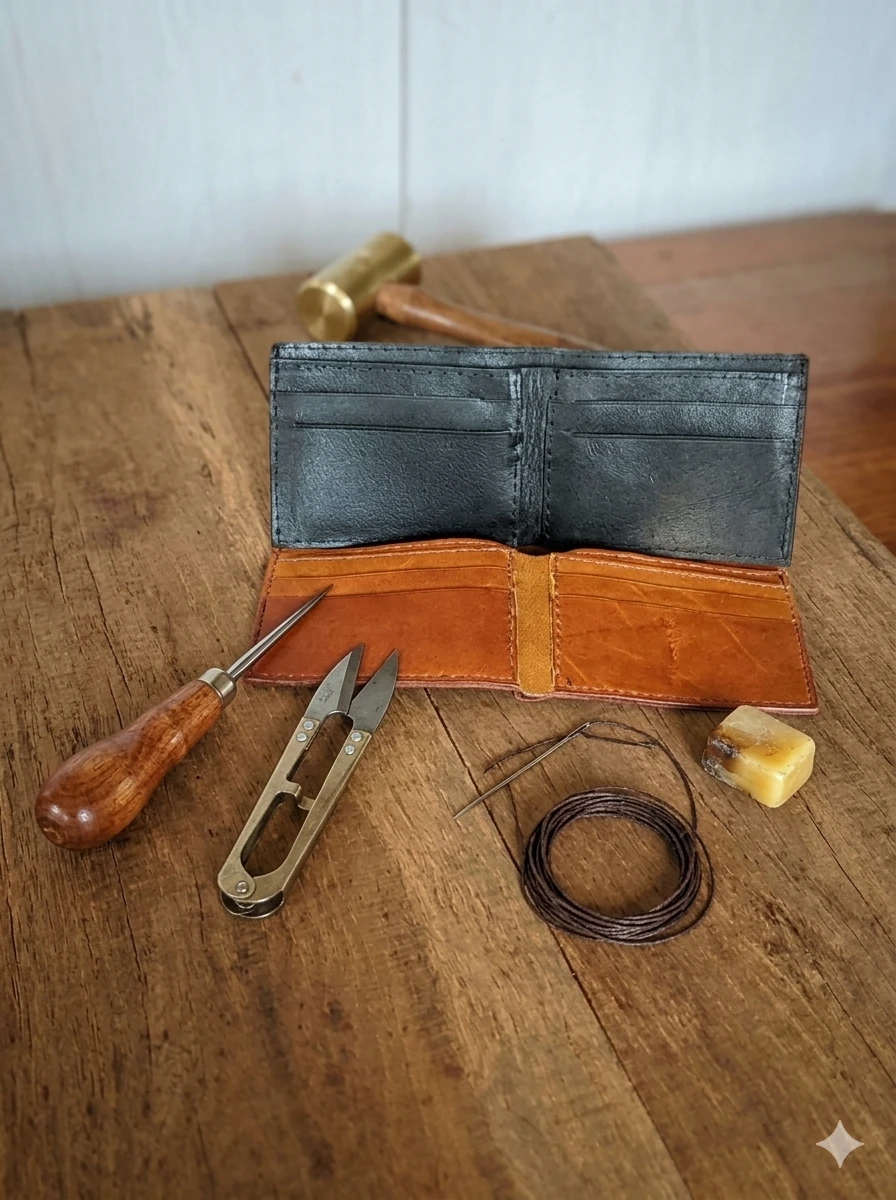 Billetera de cuero con costuras hechas a mano