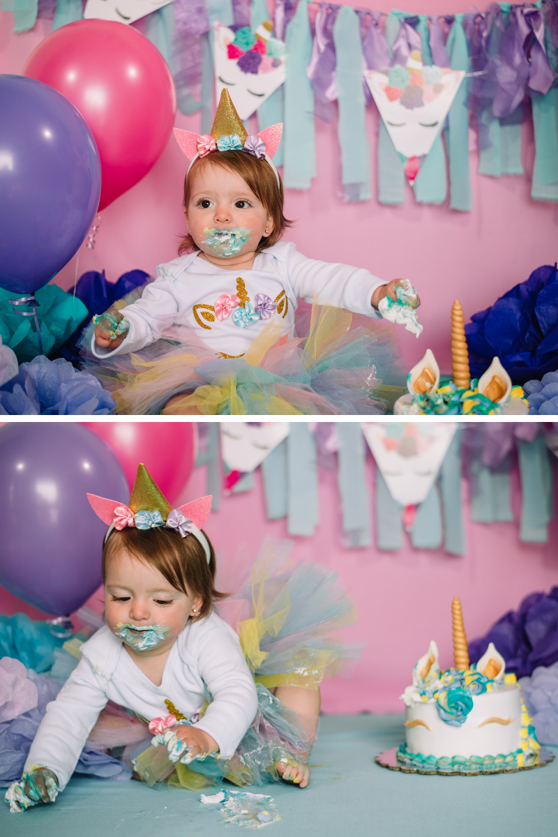 bebe, primer cumpleaños, smash cake unicornio