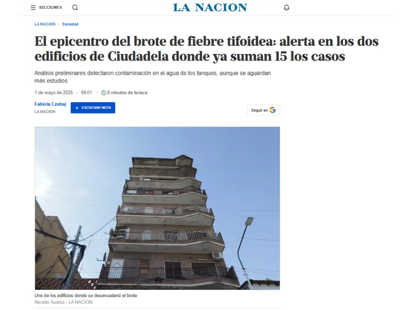 Nota de LA NACION con entrevista a Ing. Agr. Lucila Valera sobre el brote de fiebre tifoidea en Ciudadela y la contaminación del agua almacenada en tanques