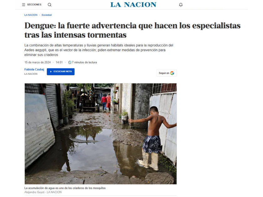 Nota de LA NACION sobre dengue y aumento de mosquitos después de las tormentas, con la participación de la Ing. Agr. Lucila Valera