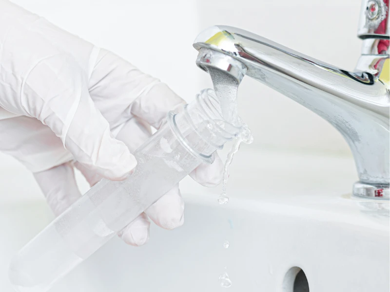 Técnico con guantes realizando la toma de una muestra de agua de canilla para análisis de laboratorio.