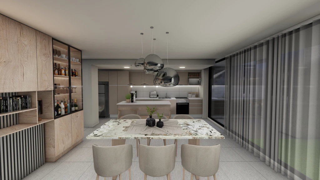 renders de diseño de living comedor