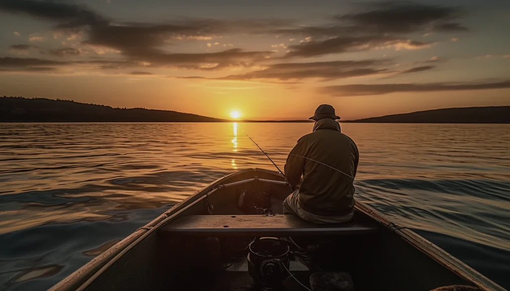 Pescador en bote al atardecer en un lago